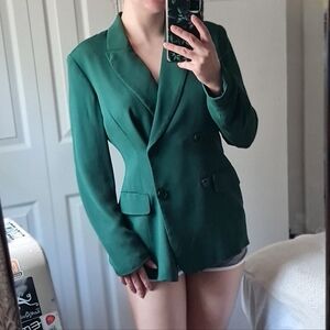 Classic Double-Breasted Green Silk Ladies Blazer